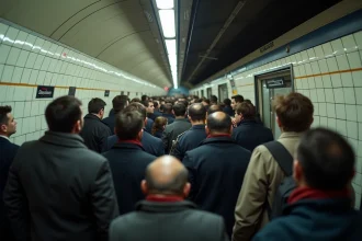 Quai bondé de la ligne 4 du métro parisien en heure de pointe avec des voyageurs attendant le train
