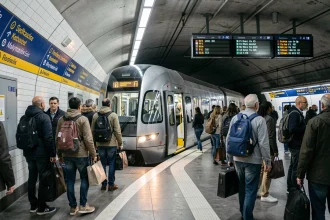 Quai d'une station RER parisienne souterraine avec un train à deux niveaux et des voyageurs qui embarquent