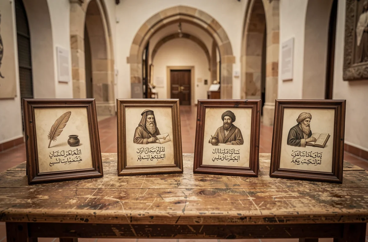Représentation muséale des quatre écoles de jurisprudence islamique sunnite avec calligraphie arabe et objets symboliques, illustrant la comparaison entre Malik ibn Anas, Abu Hanifa, Al-Shafi'i et Ahmad ibn Hanbal