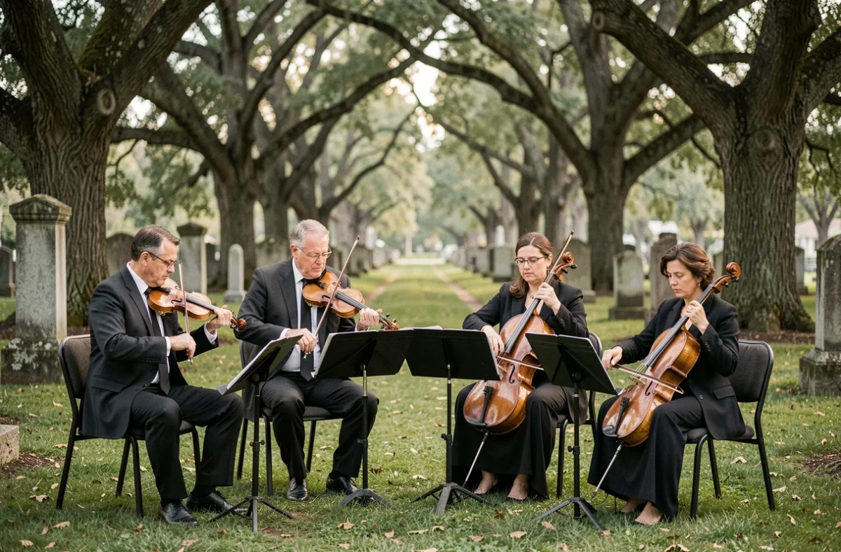 Quatuor à cordes jouant dans un cimetière verdoyant lors d'un service funèbre, scène émouvante et respectueuse