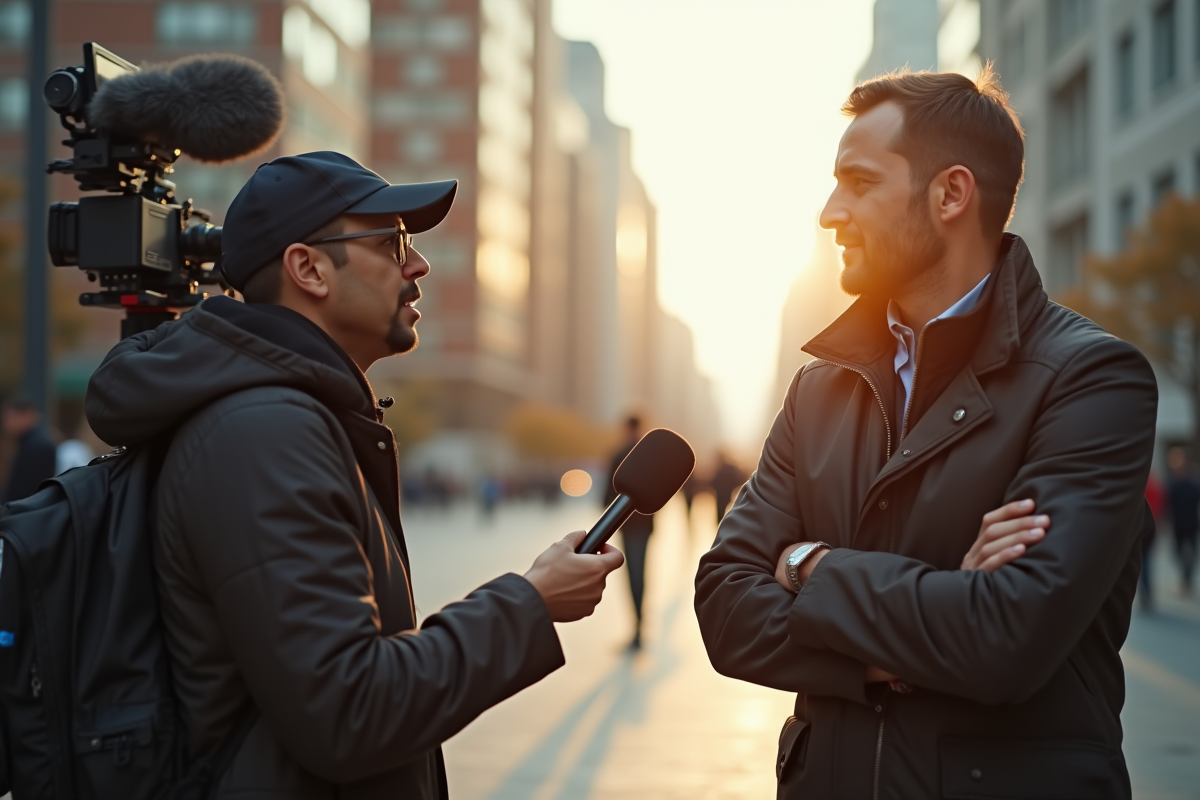 Journaliste en reportage interviewant une personne en extérieur