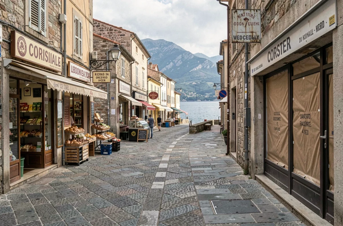 Rue commerçante d'une ville côtière corse avec local vacant et commerces de proximité