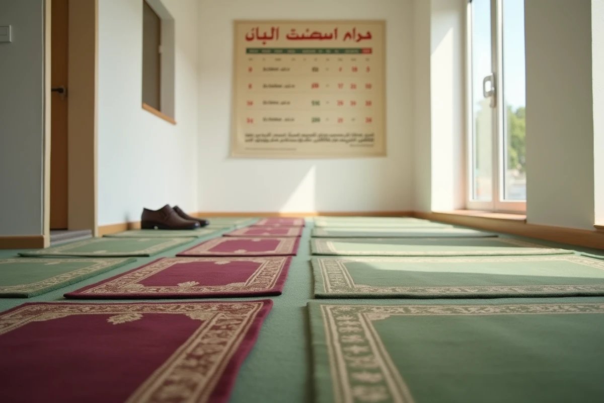 Salle de prière à Toulouse avec tapis de prière alignés et calendrier des horaires de salat affiché au mur
