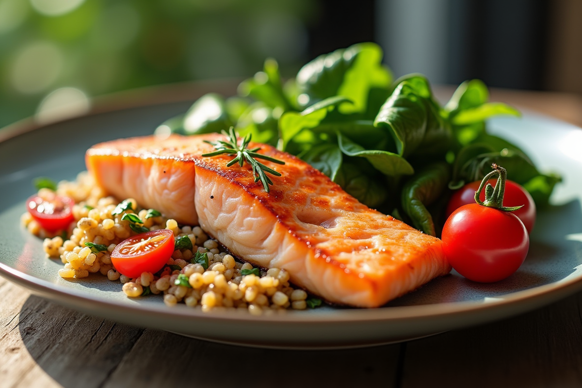 Tranche de saumon avec quinoa et légumes colorés en gros plan