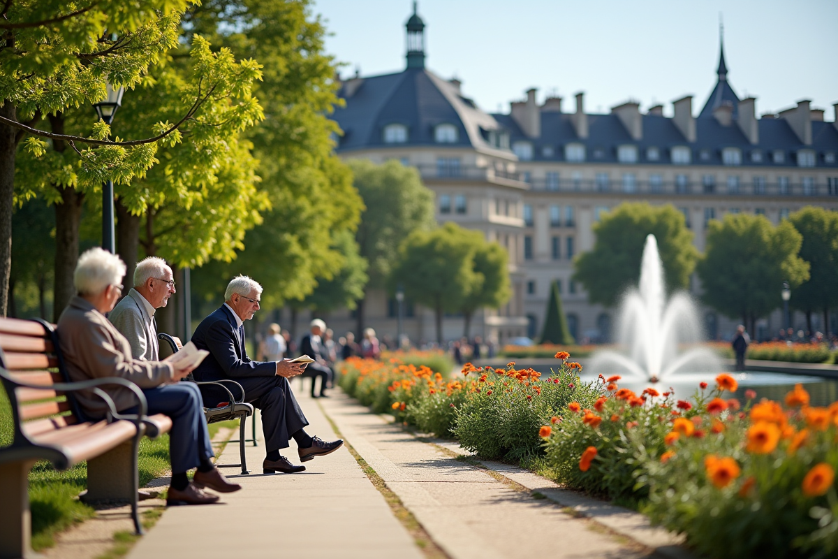 Seniors dans un parc urbain en France avec fleurs et bâtiments