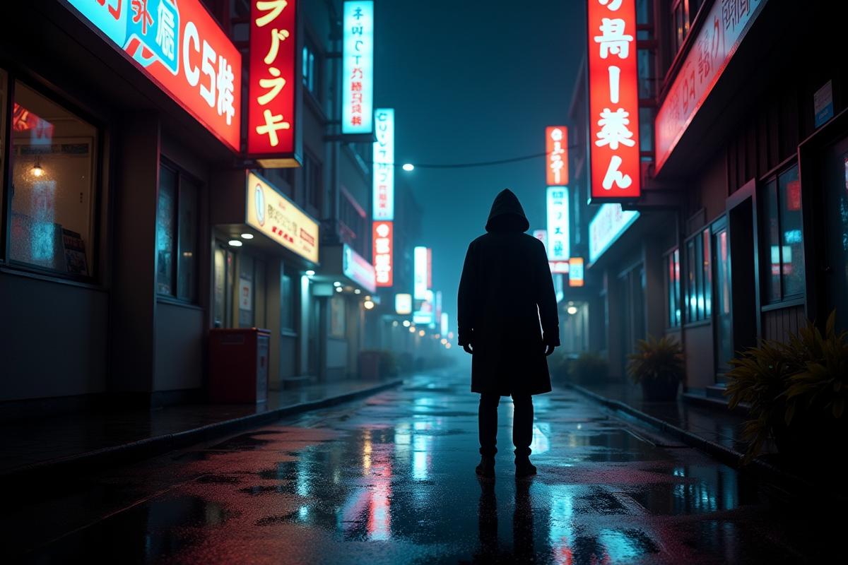 Silhouette mystérieuse dans une ville nocturne sous la pluie