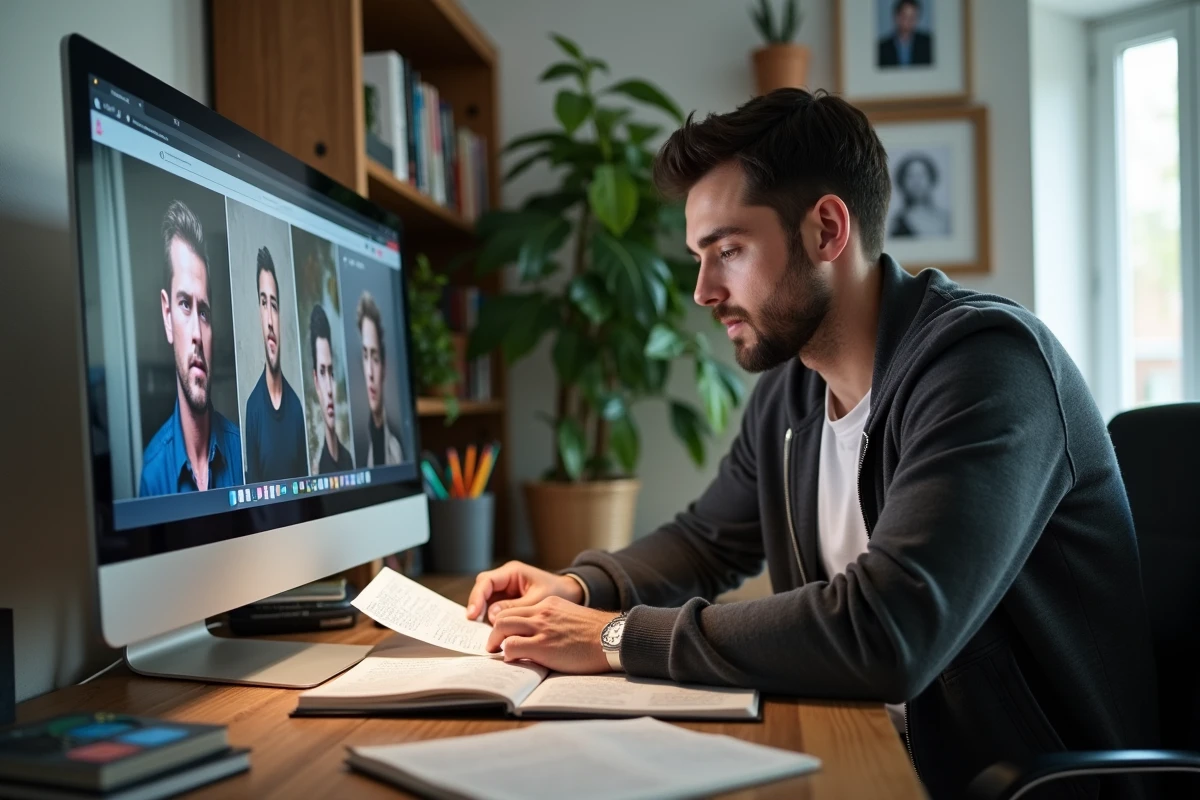 Homme consultant un site fan dédié à Jackson Rathbone avec des DVD de films et coupures d'interviews sur un bureau