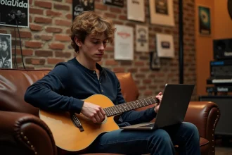 Jeune homme tenant une guitare acoustique dans un studio de musique, consultant un site fan sur un ordinateur portable