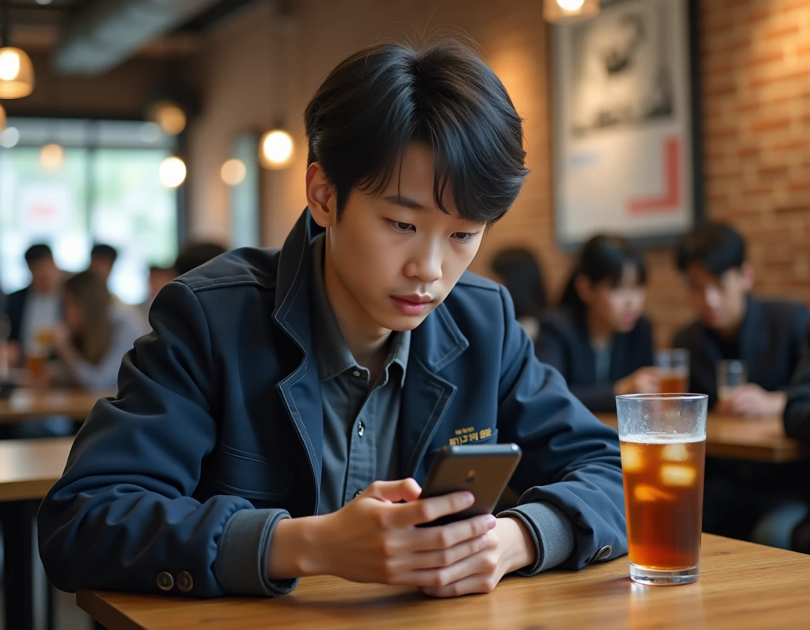 Adolescent en uniforme scolaire consultant un site de scans manga sur smartphone dans un café urbain