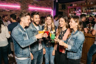 Groupe d'amis qui trinquent dans une discothèque de Perpignan lors d'une soirée à petit budget