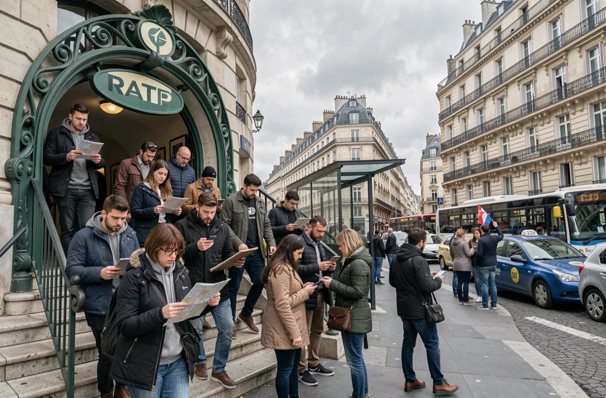 Des passagers sortant d'une station de métro parisienne fermée cherchant des alternatives de transport dans la rue lors d'une interruption RATP