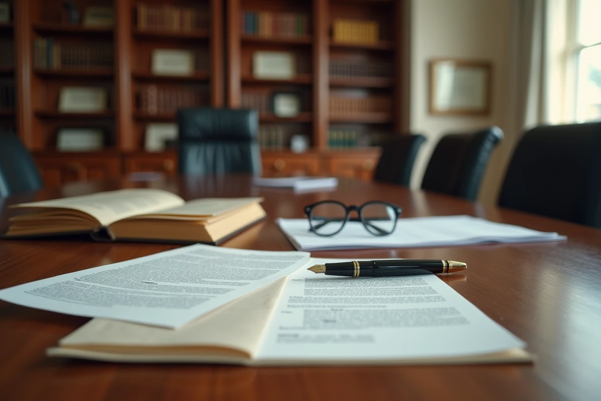 Documents officiels de succession et stylo plume posés sur une table de notaire en bois poli, illustrant la gestion d'un patrimoine et la transmission d'une fortune après un décès