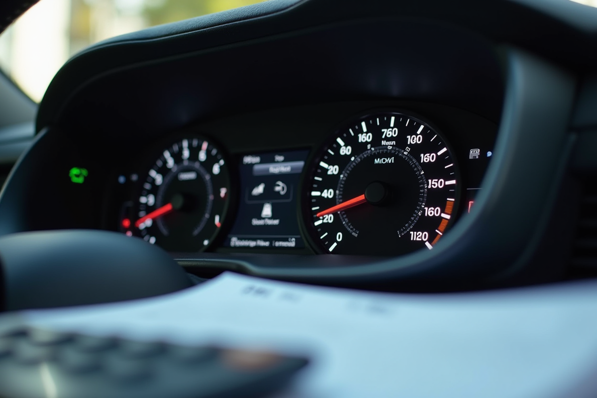 Compteur de voiture avec calculatrice et papiers fiscaux