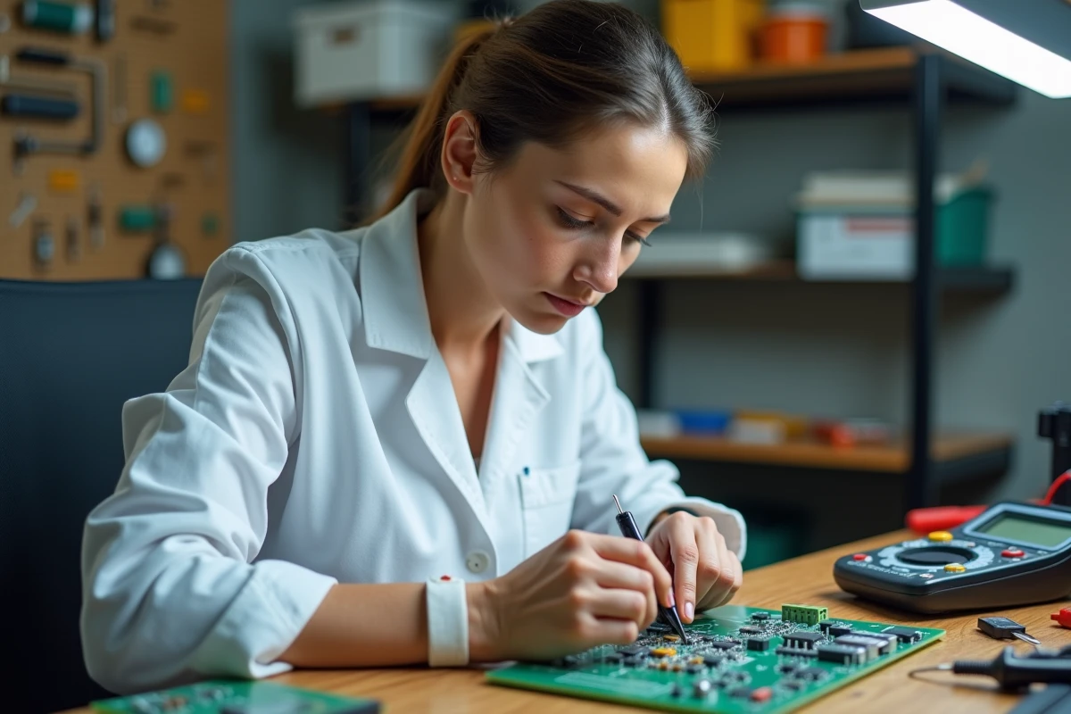 Technicienne mesurant la résistance d'un condensateur avec un multimètre en laboratoire électronique, bonnes pratiques de mesure