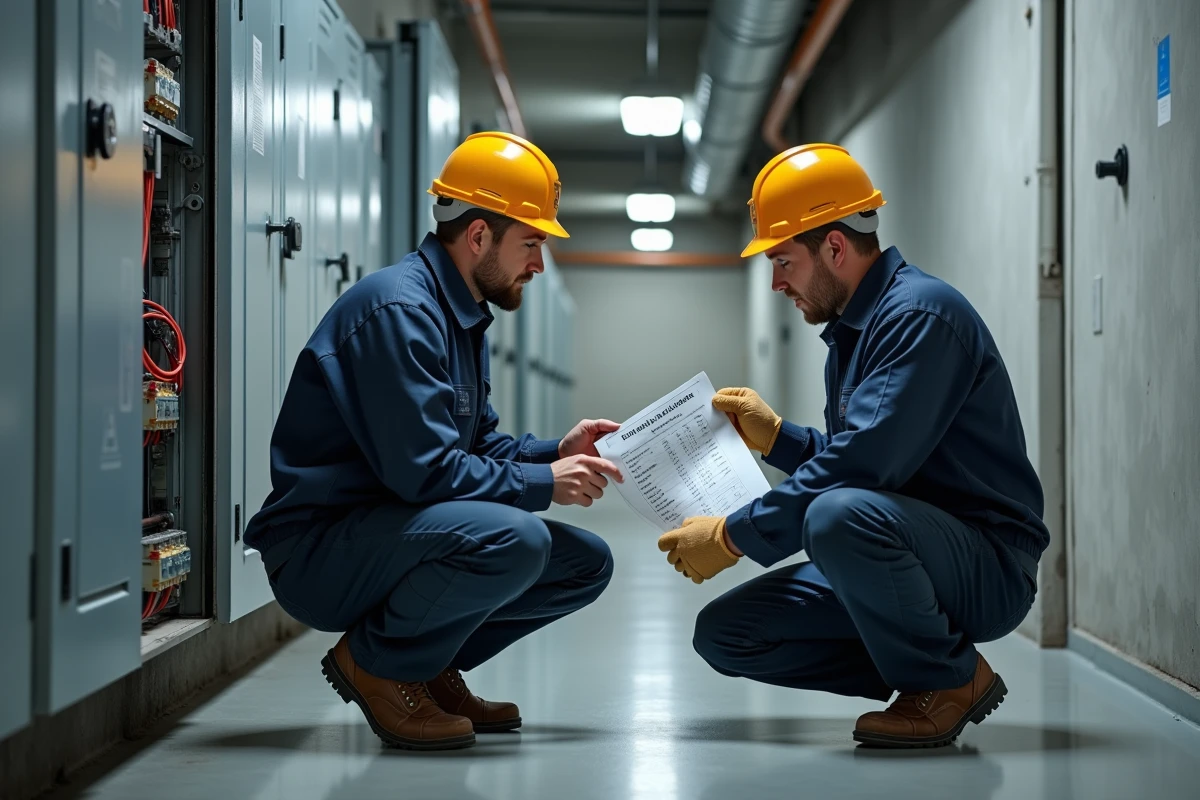 Deux techniciens analysant un calcul de charge électrique devant un tableau de distribution ouvert dans un couloir technique