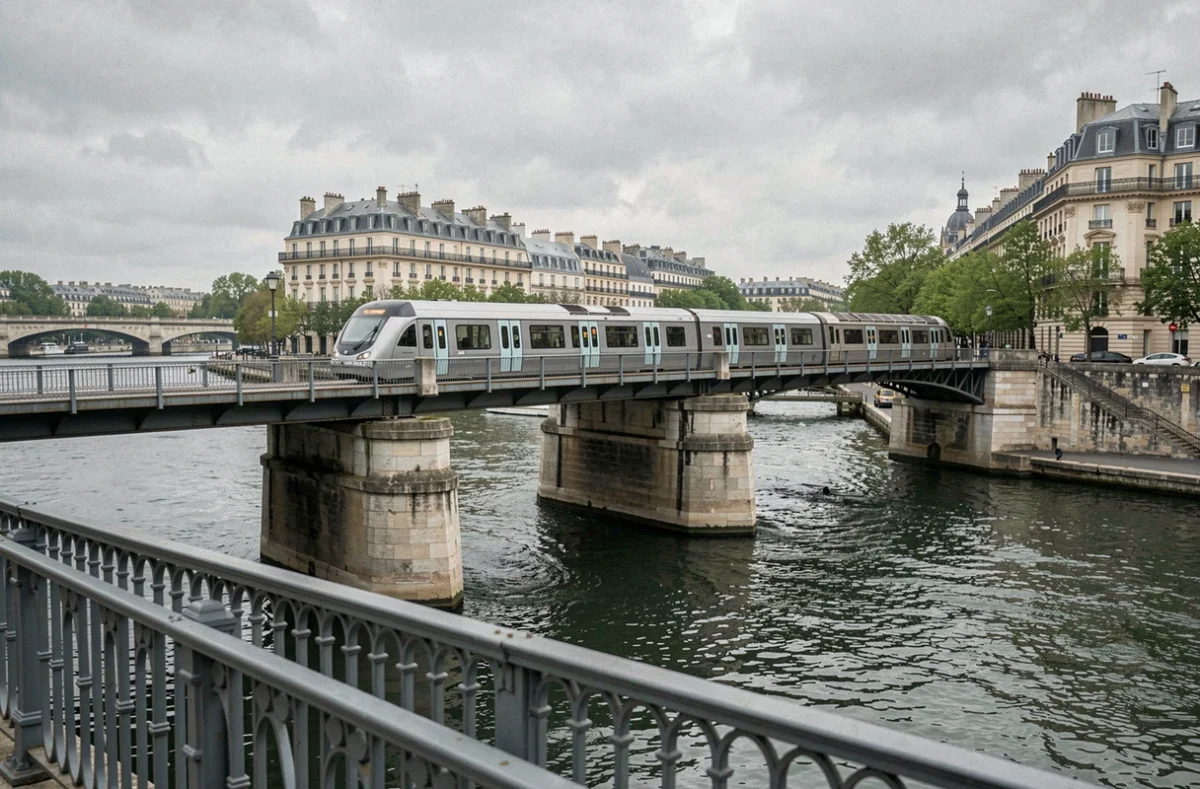 Train du RER traversant un viaduc au-dessus de la Seine avec les toits parisiens en arrière-plan