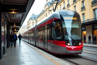 Tramway moderne de Bordeaux à l'arrêt sur la ligne E ou F avec affichage des horaires sur le quai