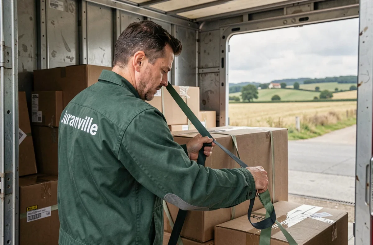 Chauffeur Transport Déménagement Juranville sécurisant des meubles dans un camion