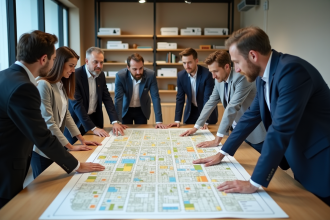 Groupe d urbanistes discutant autour d une carte de zonage