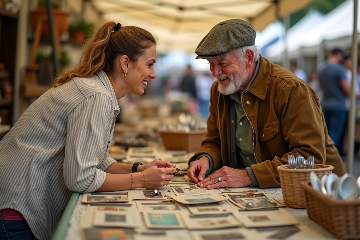 Femme négociant avec un vendeur au marché aux puces du Morbihan devant une table de cartes postales et bijoux anciens