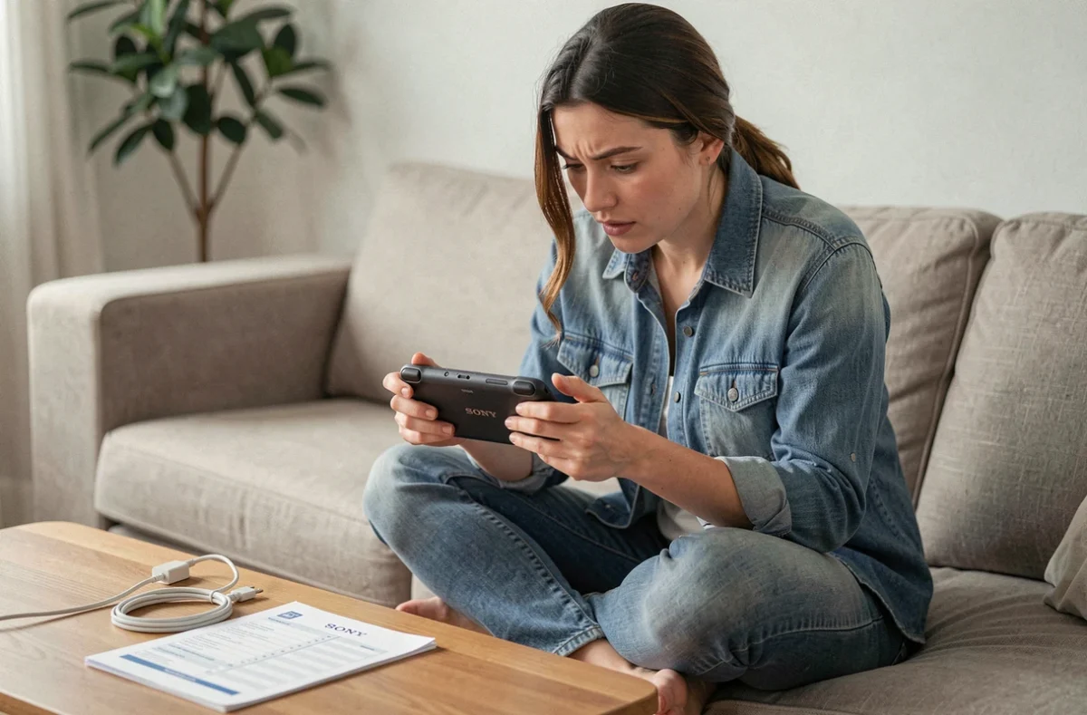 Femme vérifiant l'écran d'une console portable Sony reconditionnée pour détecter des rayures ou pixels morts
