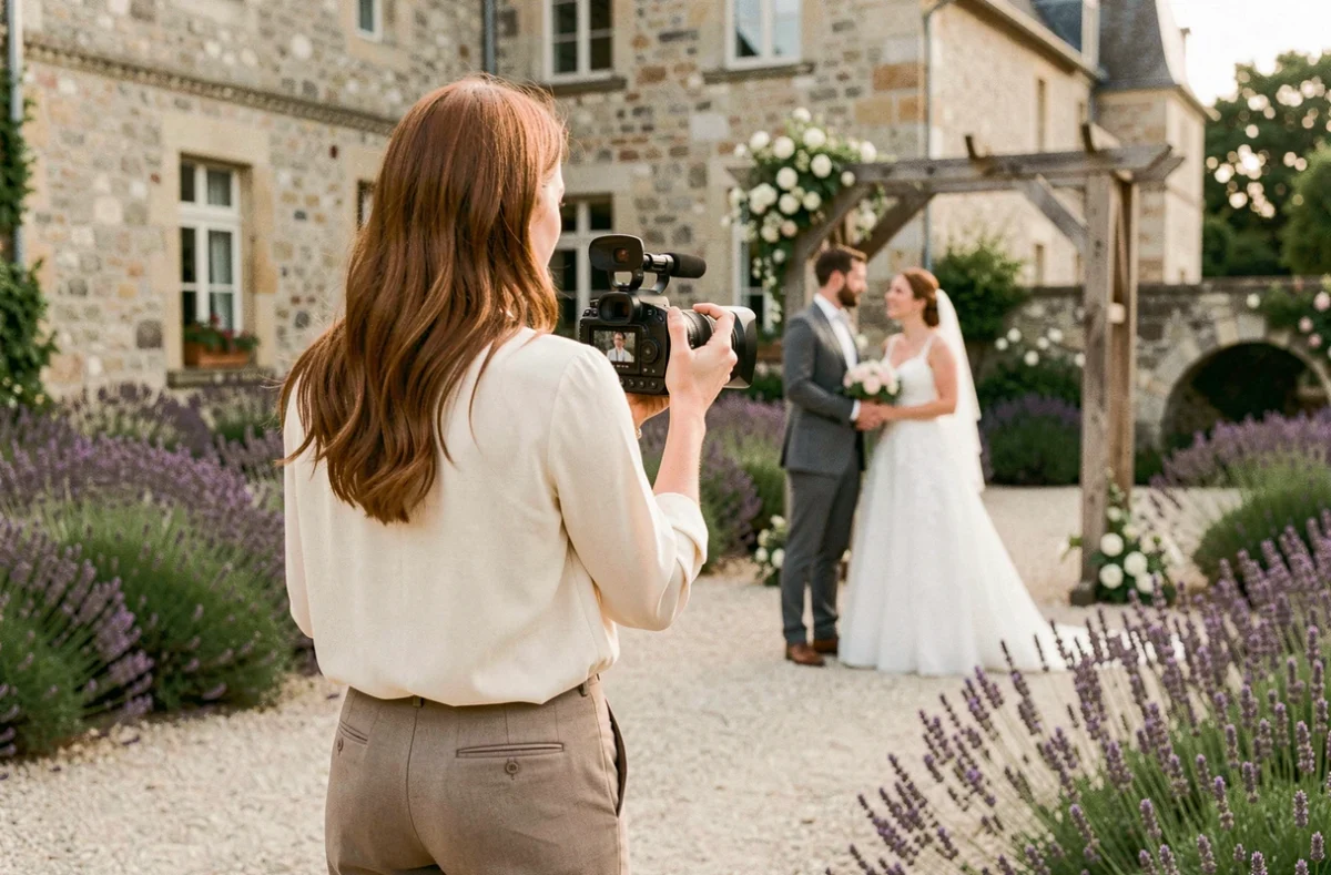 Vidéaste de Visual Vows Films filmant un mariage dans un château de la campagne en Haute-Garonne