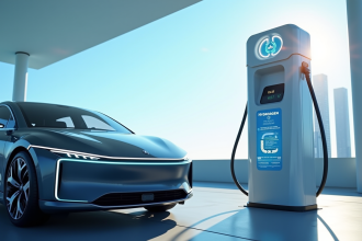 Voiture hydrogene se recharge dans une station moderne