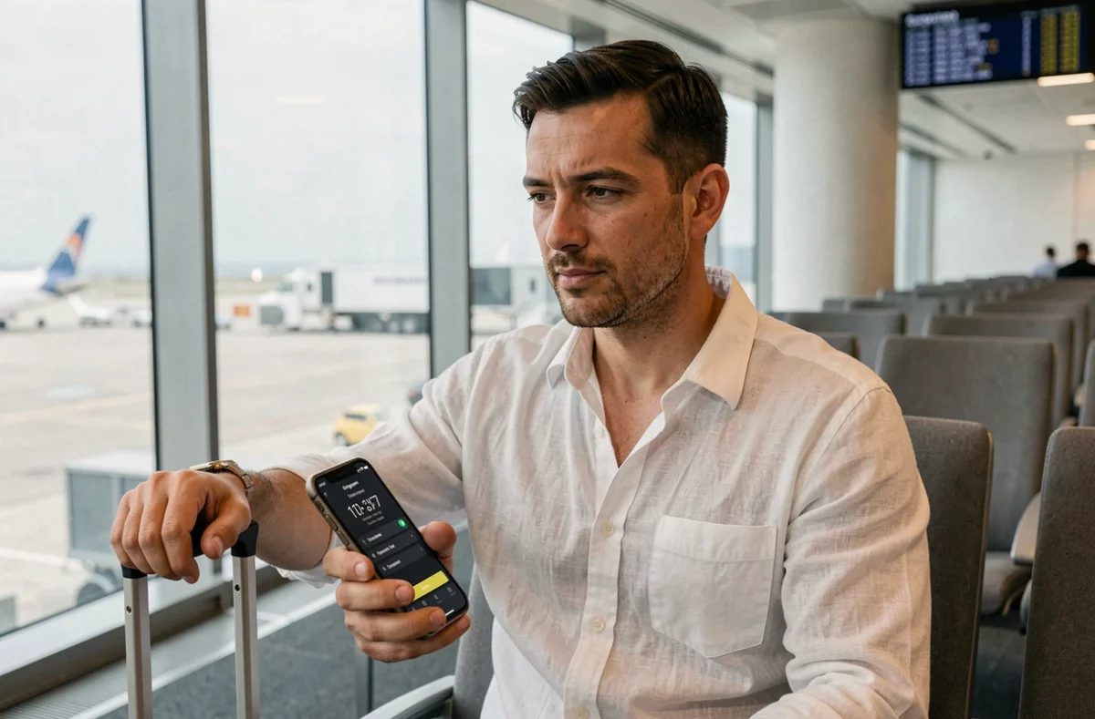 Voyageur assis dans un salon d'aéroport consultant une application de fuseaux horaires sur smartphone pour connaître l'heure à Singapour