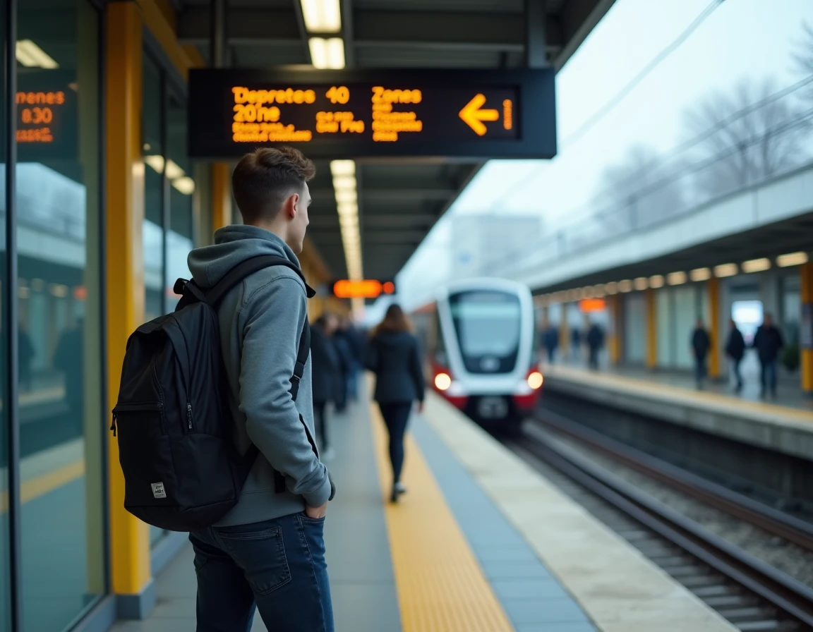 Voyageur consultant un panneau de départ RER dans une gare d'interchange multimodale en Île-de-France