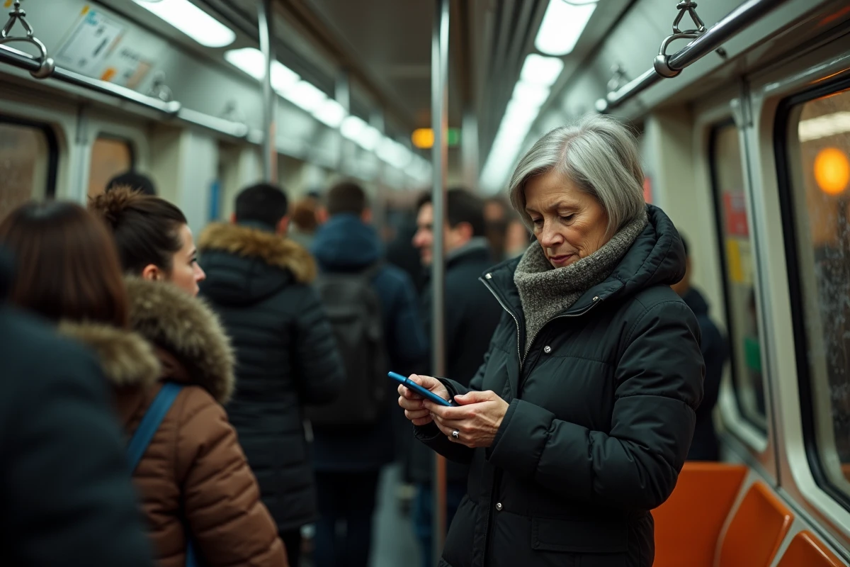Femme tenant une barre dans un wagon bondé de la ligne 4 du métro de Paris pendant les heures de pointe